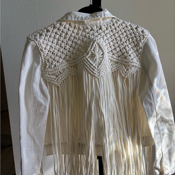 lanca perfume Jackets & Blazers - Cream Fringe +woven Women's Jacket - perfect vintage concert or festival piece